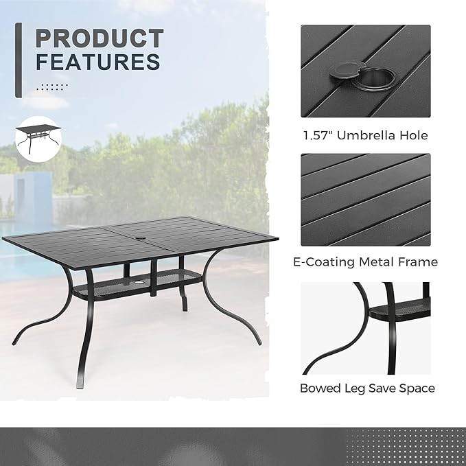 Crownland 7 Piece Patio Dining Set, Textilene Dining Sets, 6 Textilene Metal Chairs and Rectangular Outdoor Dining Table with Dark Blue 9FT Round Outdoor Umbrella (Black)
