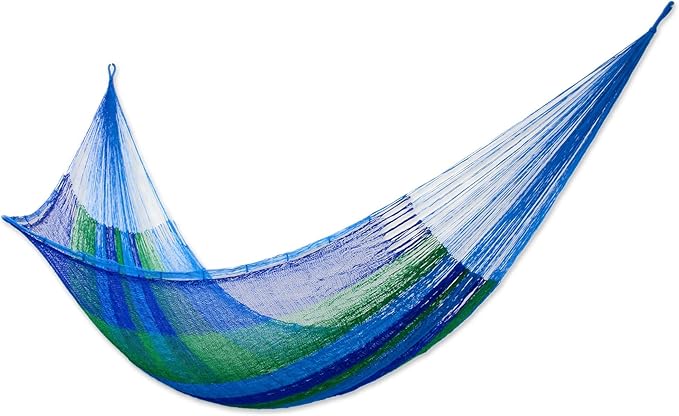 NOVICA Blue Green Striped Hand Woven Nylon Mayan 1 Person Rope Hammock, 'Sea Breeze' (Single)