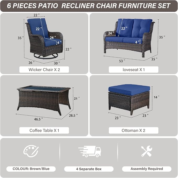 Belord 6 Piece Wicker Patio Furniture Set, Outdoor Swivel Rocker Chairs Set of 2 with Ottomans and Loveseat, All Weather Patio Conversation Furniture Set, for Pool,Yard,SunroomBrown Wicker/Blue