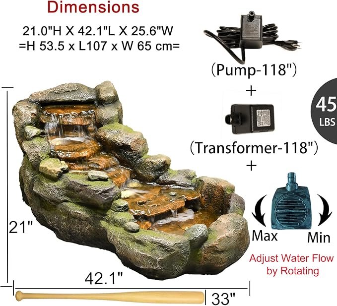 Bumilgar Garden Outdoor Water Fountain, 42.1" L Floor Standing Tiered Rock Outdoor Fountains with LED Lights and Pump for Garden, Backyard, Deck, Patio, Porch and Home Art Decor