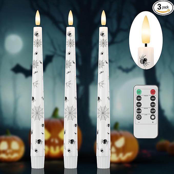 Halloween Candles with Spider Web, Spider, 9.6”Real Wax Flameless Taper Candles with Remote & Timer, 3 Pack Battery Operated Halloween Led Candlesticks for Party Home Decor