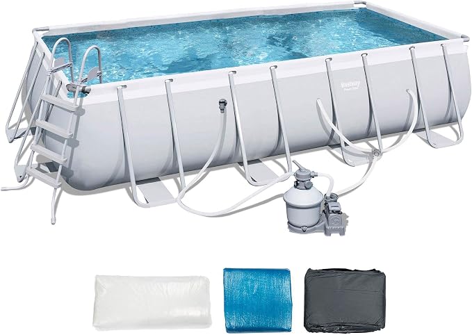 Bestway 18 x 9 x 4 Foot Rectangular Above Ground Pool Set with Ladder, 1000 Gallon Sand Filter Pump, Ground Cloth, Pool Cover, and Surface Skimmer