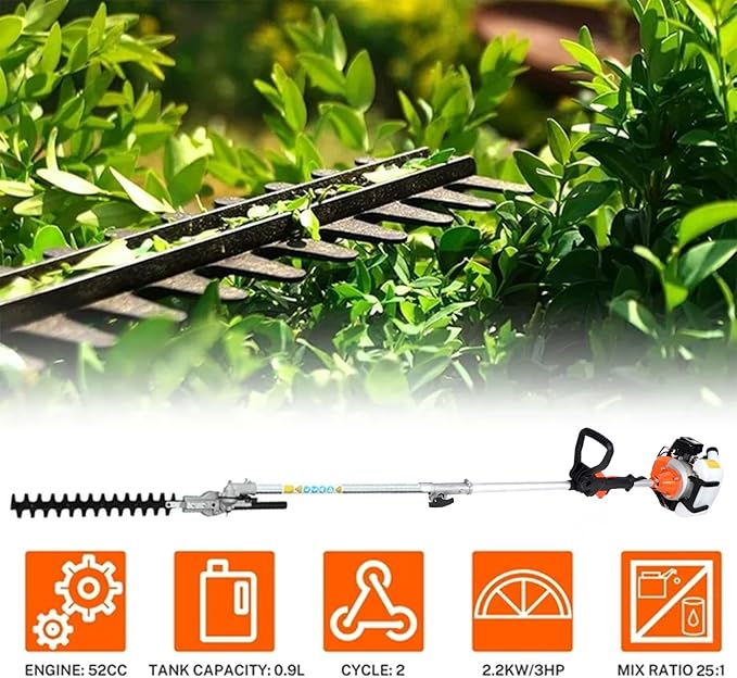 Gas Powered String Trimmer 52cc 6 in 1 Multi Functional Garden Trimming Tools, Weed Eater Gas Powered Hedge Trimmer Lawn Edger, Long Reach Pole Saw for Tree Trimming Branch Brush Cutter