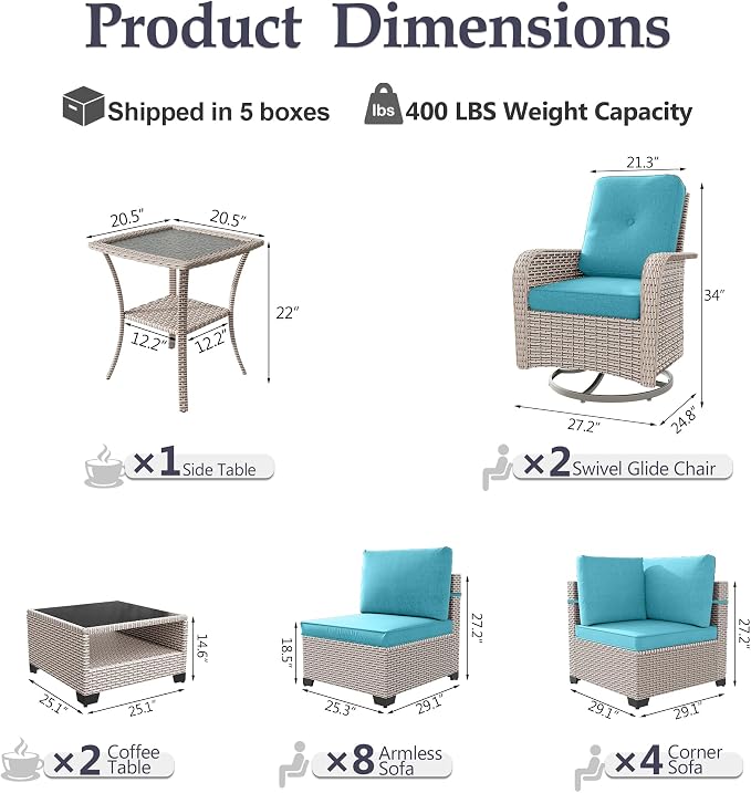 Patio Furniture Set, 17-Piece Outdoor Sectional Sofa with Swivel Rocker Chairs & 2-Layer Glass Coffee Table, Wicker Patio Conversation Set with Cyan Cushions