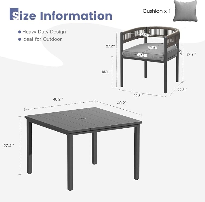 VICLLAX Patio Dining Set, 40.2" Dark Grey Table & 4 Chairs with Grey Cushion