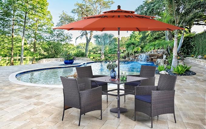 PHI VILLA 5pc Patio Dining Set with Umbrella, Square Table, Rattan Chairs | Outdoor Dining Set for 4, 37" Metal Table & 4 Cushioned Rattan Chairs with Red Umbrella for Outdoor, Deck, Yard, Porch