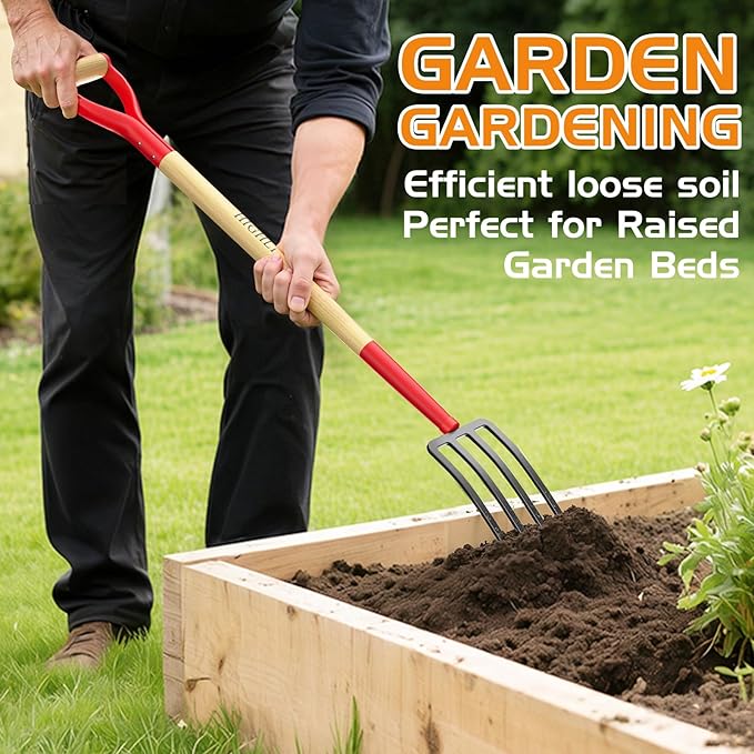 HIGHLIGHT Heavy Duty Pitchfork, 45.7" Garden Fork with 6cm Wide Tine Spacing, 4-Tine Spading & Digging Fork for Clay Soil, Composting & Mulching, Comfortable Ash-Grade Hardwood Handle, Steel D-Grip
