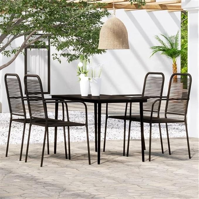 Bowery Hill Powder-Coated Steel 5-Piece Patio Dining Set, Rectangular Glass Table and 4 Cotton Chairs, Weather-Resistant Durable Construction, Black Finish, Compact Outdoor Garden or Balcony Furniture