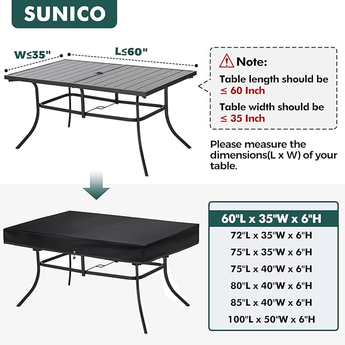 SUNICO Outdoor Table Cover rectangular, Patio Table Cover rectangle for Patio Table & Dining Table & Picnic Table.Windproof, Waterproof, Stain-Resistant, Durable Table Cover (60" L x 35" W x 6" H)