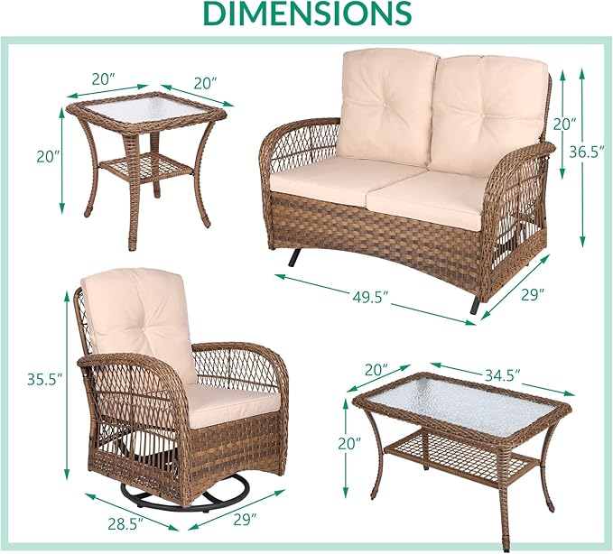 VIVIJASON 5-Piece Outdoor Patio Wicker Conversation Sets, All Weather Outdoor Rattan Furniture Set Includes Glider Loveseat, 2 Coffee Table, 2 Swivel-Gliders Chairs with Cushions, Light Brown
