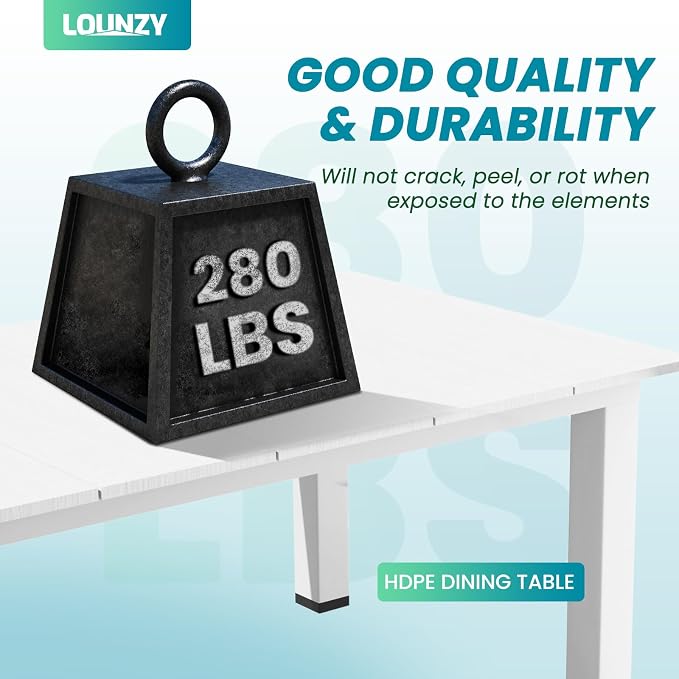 LOUNZY 75.2" HDPE Rectangle Outdoor Dining Table for 8, Oversized Patio Dining Table w/ 2" Umbrella Hole,White