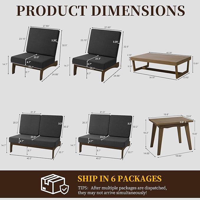 UIXE 6 Pieces All Weather Wood Patio Furniture Sets, 2 Patio Loveseat, 2 Patio Bistro Chair, Outdoor Sectional Sofa Furniture Backyard Conversation Set with Coffee Table - Dark Gray