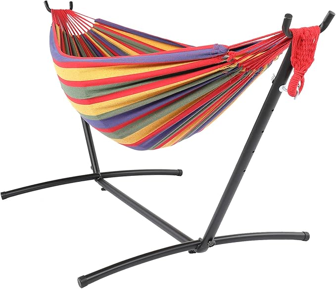 Cotton Hammock with Space Saving Steel Stand,9ft Black Steel Pipe Hammock Frame with 200 * 150cm Polyester Cotton Hammock Iron Hammock Set (Red Stripe A)
