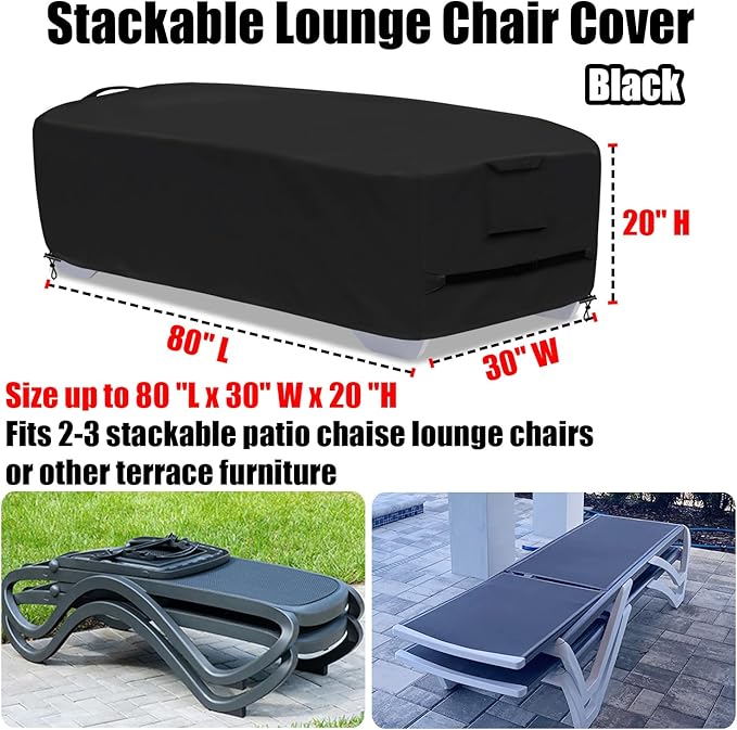 Stackable Chaise Lounge Covers for 2-3 Stackable Patio Lounge Chair, 600D Weather-Resistant Polyester Fabric, Outdoor Furniture Storage Cover for Stackable Lounge Chair - 80"L x 30"W x 20"H, Black
