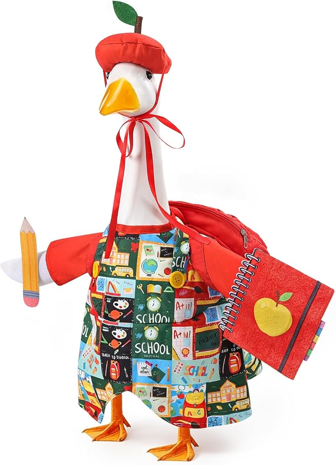 Back to School Porch Goose Outfit with Schoolbag for School Outdoor Decor | Fits 23'' Goose Statues, with Apple Hat, School Bag, Pencil, and Notebook, for Classroom Garden Yard Lawn Patio Decoration