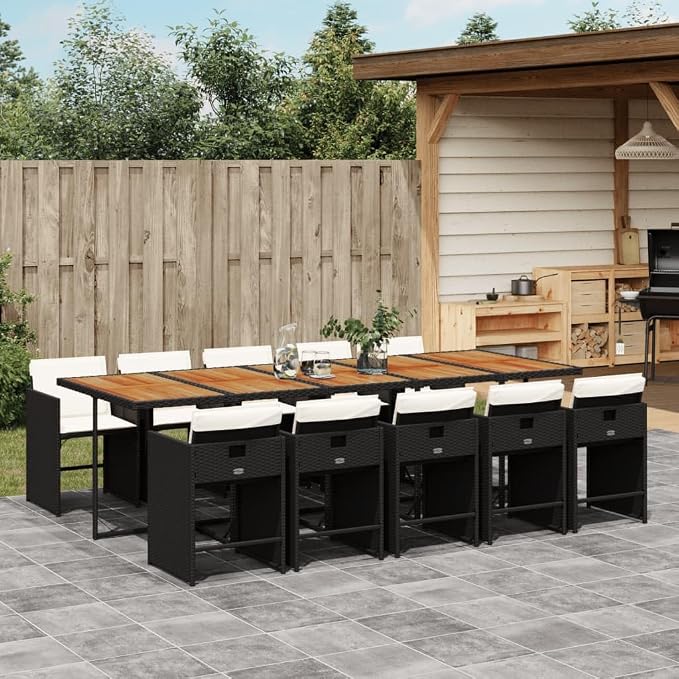 11 Piece Outdoor Dining Set, Poly Rattan Patio Table and 10 Folding Chairs with Cushions for Garden Backyard Deck Dining