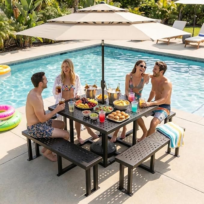 DWVO 38" Square Metal Picnic Table with Umbrella Hole - Heavy Duty Q235 Carbon Steel Outdoor Table Set for Patio, Backyard, and Lawn - Industrial Steel Construction