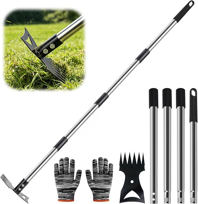 Weed Puller Tool with Long Handle – 58" Manual Weeder Remover Tool, 2-in-1 Handle Garden Hoe and Weed Rake, Hoe Garden Tool, Uprooting Weeding Tool for Yard, Lawn, Patio and Garden