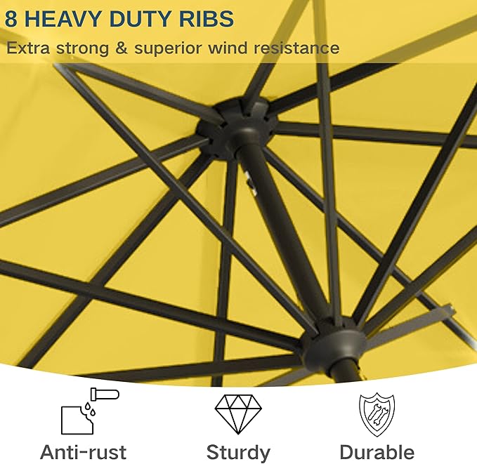9' Solar LED Patio Umbrella with Tilt & Crank|8 Sturdy Ribs,UV Protection,Outdoor Market Table Umbrella for Deck,Lawn,Pool,Backyard(Yellow)