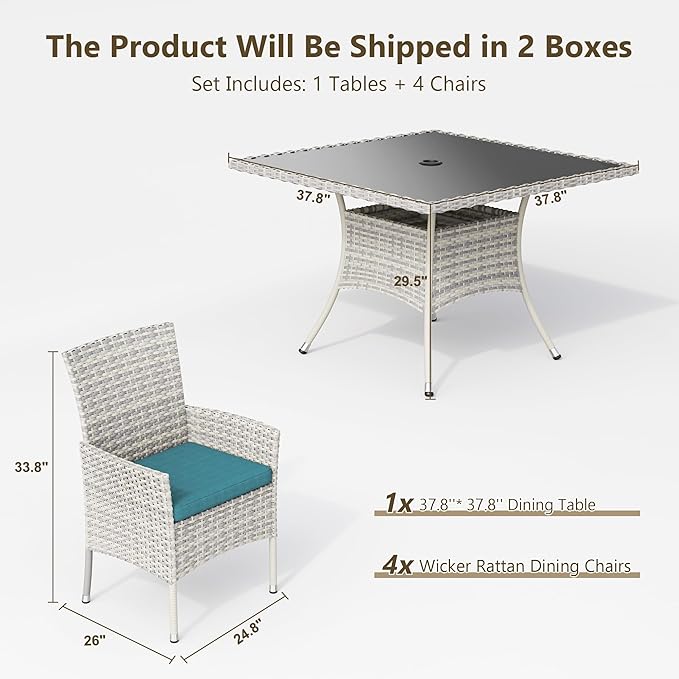 Outdoor Dining Set, 5-Piece Patio Furniture Set with Tempered Glass Table and 4 Cushioned Chairs, Dual-Strand Wicker Rattan, Balcony Furniture for Backyard, Garden, Deck,– Turquoise