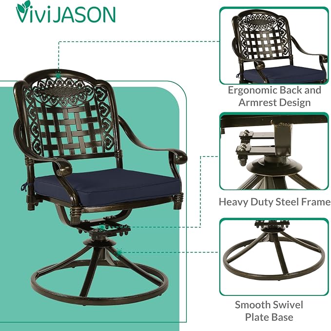 VIVIJASON 9-Piece Outdoor Furniture Dining Set, Rust-Free Cast Aluminum Patio Conversation Set, Include 8 Swivel Dining Chairs & 61" Round Dining Table with 31" Lazy Susan, Umbrella Hole, Navy Blue