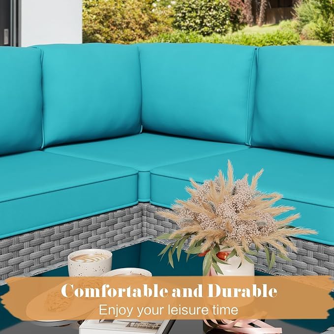 JAMFLY 5-Piece Patio Furniture Set, All-Weather Wicker Outdoor Sectional Sofa with Soft Cushions, Modular Conversation Set for Backyard, Deck, Garden & Poolside(Blue Cushion)