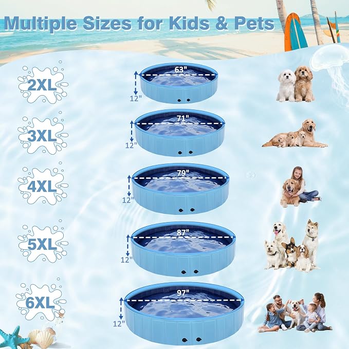 Eooqi Foldable Dog Pool with Sprinkler, 79 Inch Extra Large Thickened Splash Pool, 2-in-1 Outdoor Summer Water Play Toy, Non-Slip Hard-Side Kiddie Pool for Backyard Dogs, Kids & Pets (Blue, 79"-4XL)