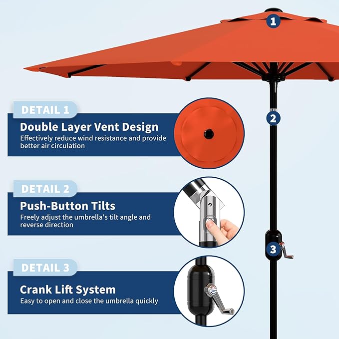 GarveeLife 9FT Patio Umbrella Outdoor, Table Umbrella with Push Button Tilt and Crank, 8 Sturdy Ribs UV Protection Waterproof for Garden, Pool, Market, Deck (Orange)