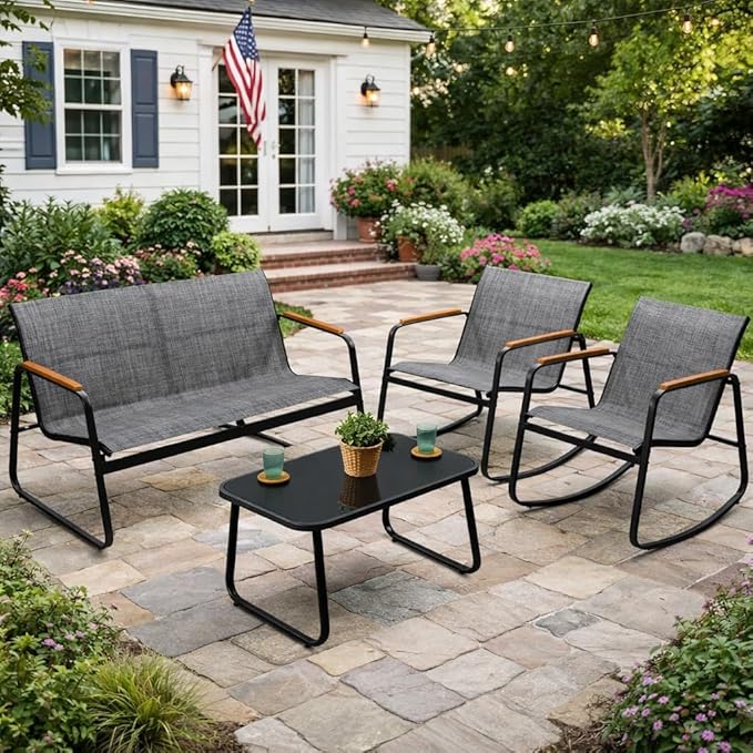 Kozyard 4-Piece Outdoor Patio Furniture Set with Textilene Chairs, Metal Conversation Set, Tempered Glass Coffee Table, Powder-Coated Steel Frame for Garden, Poolside, Backyard Gray