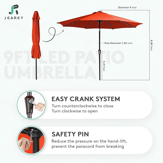 JEAREY 9FT Outdoor Patio Umbrella with Solar Lights, LED Lighted Pool Umbrella with Tilt and Crank, Outdoor Table Umbrellas for Deck, Yard & Market (Orange)