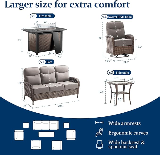 Outdoor Swivel Rocking Chair Patio Set (8pcs) High-Back - Thick Cushion Swivel Rocking Chair Patio with Fire Table Set, All-Weather Wicker Patio Furniture Set, Suitable for Balcony Patios, Brown/Gery