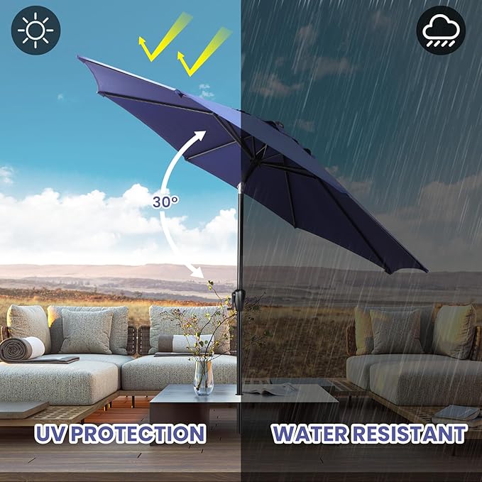 Sun-Ray 9' Round Patio Umbrella with Push-Button Tilt and Hand Crank Lift System, Market Umbrella for Porch, Deck, and Patio