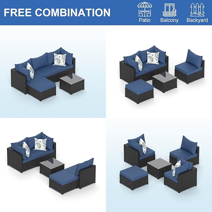 Patio Furniture Set, 5PCS Outdoor Sectional with Ottoman Wicker Rattan Patio Couch with Thickened Cushion Modular Wicker Patio Conversation Set with Glass Top Table for Balcony, Backyard (Navy Blue)