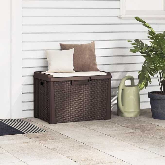 Gecheer Patio Rattan Deck Box Patio Storage Box with Seat Cushion Brown 33 gal p p