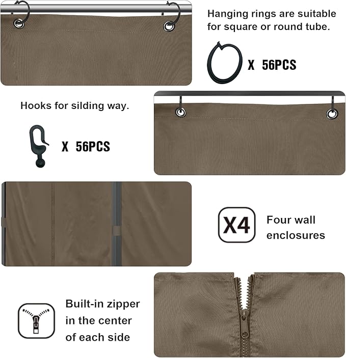 Gazebo Curtains 10'x10' Outdoor Waterproof, 4-Panels Sidewall Curtains Universal Replacement with Zipper for Patio, Backyard, Garden (Brown, 10'x10')