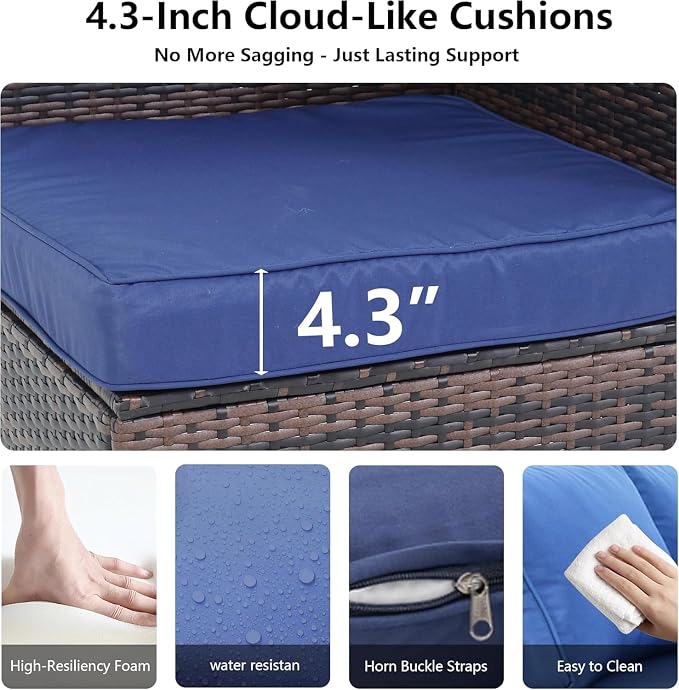 LAUSAINT HOME 7 Pieces Outdoor Patio Furniture, Outdoor Sectional Sofa Patio Furniture Sets Wicker Rattan Patio Conversation Sets with Cushion and Glass Table (Dark Blue)