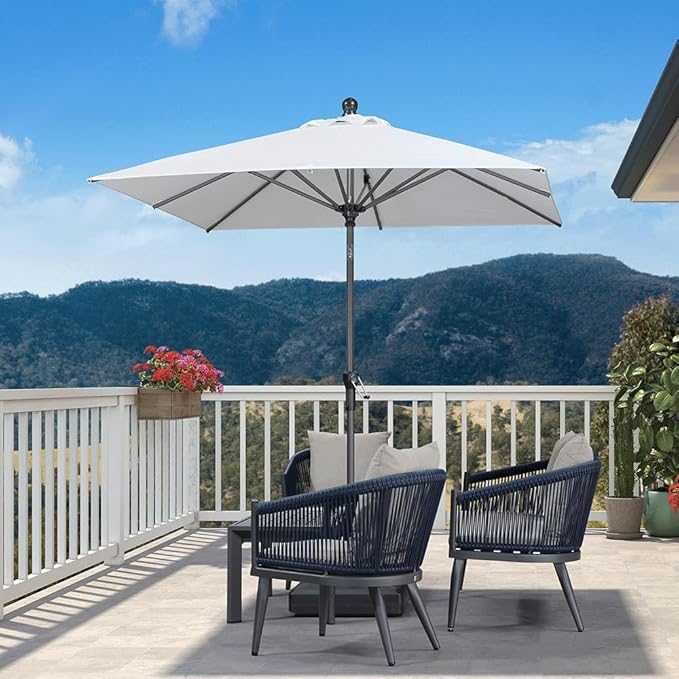 PURPLE LEAF 6.5' x 6.5' Square Patio Market Umbrella with Base Outdoor Table Umbrellas Aluminum Frame Sun Shade with 8 Sturdy Ribs Tilt for Garden Deck Lawn Pool White