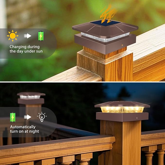 4x4 Solar Post Cap Lights Outdoor with 3 Modes, 2 Packs Brown Fence Light Solar Powered Waterproof for 4x4 3.5x3.5 Wood/Vinyl Posts for Deck Yard Garden Patio Outside