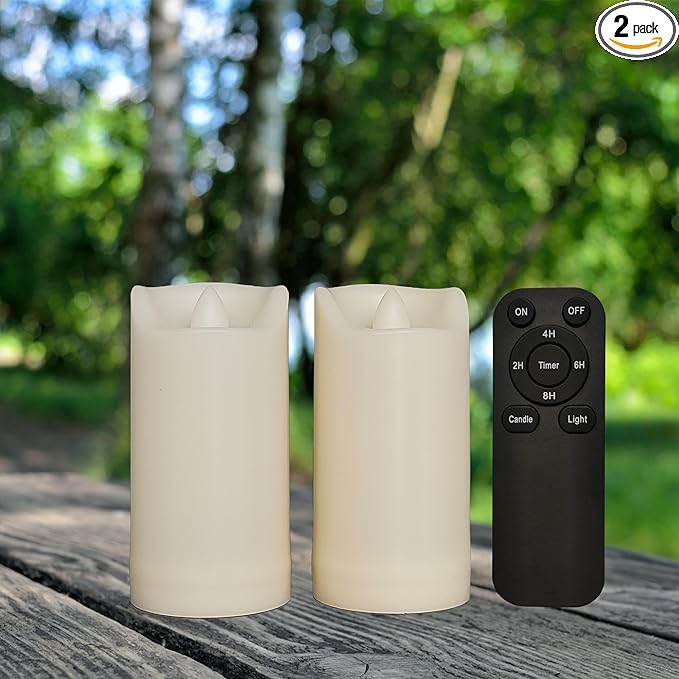 iZAN 2 Pack Flameless Battery Operated LED Pillar Candles with Remote Outdoor Waterproof Flickering Decorative Lights for Halloween Christmas Home Kitchen Décor Wedding Party Event Decorations 2”x4”