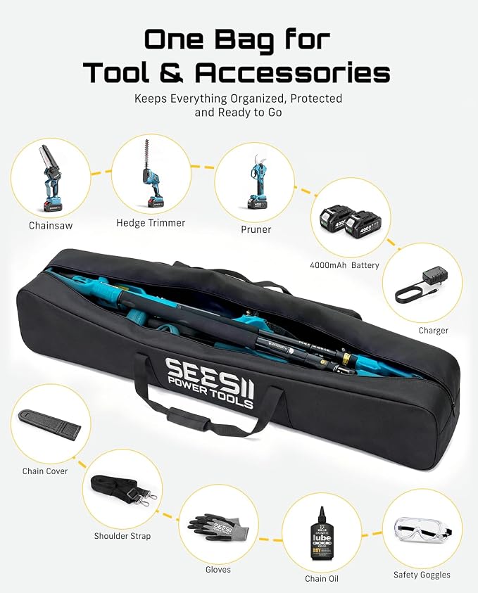 SEESII Universal 55-Inch Pole Tool Storage Bag for Detachable Pole Saws, Pole Hedge Trimmers & Pruners, Fits Collapsed Sections up to 55 in, 600D Water-Resistant Carrying Case, Black