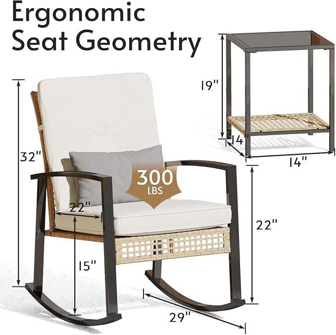 ENSTVER 3 Pieces Outdoor Rocking Chairs Set of 2 with Thick Cushions and 2-Tier Coffee Table, Patio Rocking Chairs Bistro Set with Durable PE Rattan for Front Porch and Balcony