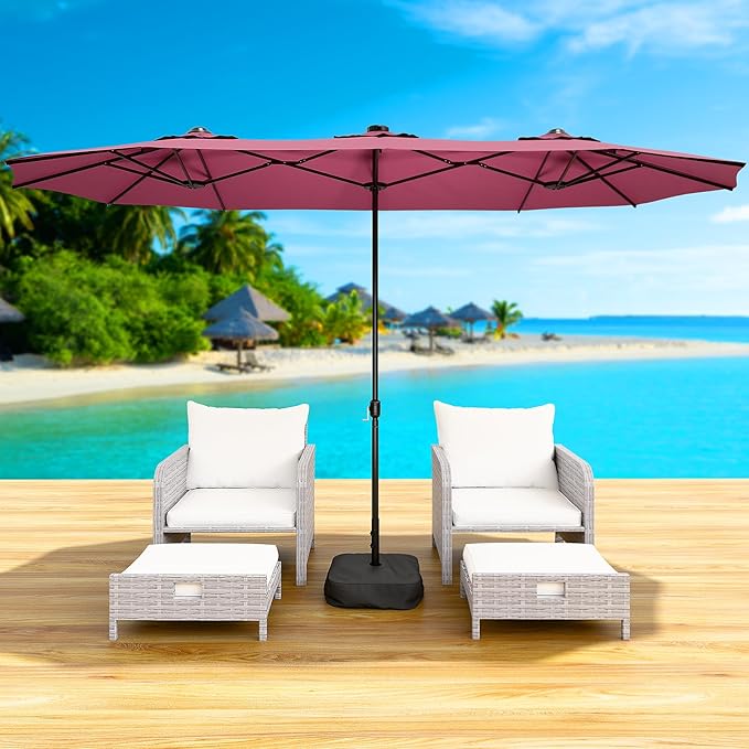 LEVELEVE 15FT Double-Sided Patio Umbrella with Base Included, Large Outdoor Rectangular Market Umbrella for Backyard, Poolside, Lawn & Garden,Red
