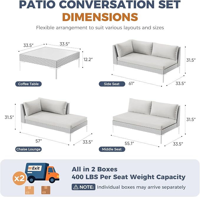 ABCASA Outdoor Patio Sectional Furniture Set w/Water-Resistant Fabric | Oversized Seat Wicker Outdoor Furniture Set w/Thick Cushion, L Shaped Patio Conversation Set for Pool Yard, Gray