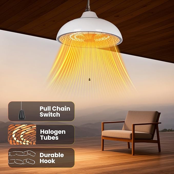 Electric Outdoor Heater for Patio, 1500W Infrared Heater for Indoor & Outdoor, IP55 Waterproof, Fast Heating, Tip-Over Protection, Perfect for Garden, Balcony, Garage (white, hanging)