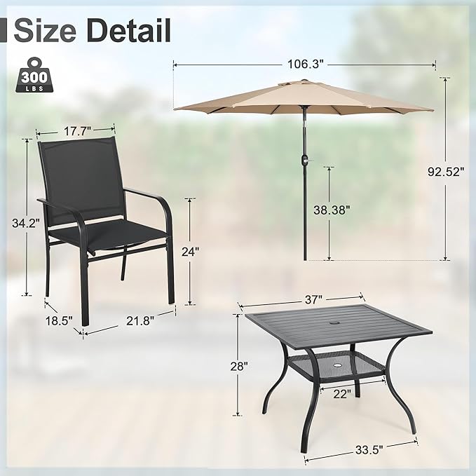 Crownland 5 Piece Patio Dining Set, Textilene Dining Sets, 4 Textilene Metal Chairs and Square Outdoor Dining Table with Khaki 9FT Round Outdoor Umbrella (Black)