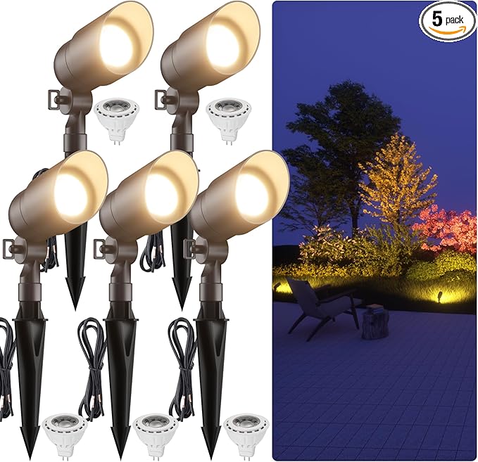 Cheopha 12V Outdoor Low Voltage Landscape Lighting Spotlight, IP67 Waterproof Aluminum Body, Replaceable 4W MR16 LED Bulb (2700K Warm White) for Garden, Lawn, and Yard Lights 5-Pack