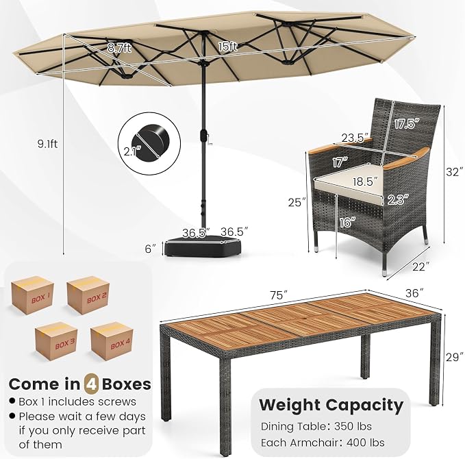 Tangkula 10 Pieces Patio Wicker Dining Set w/Double-Sided Patio Umbrella, Outdoor Acacia Wood Furniture Set w/ 8 Armchairs, 71” Dining Table & 15 ft Umbrella with Weighted Base (Beige)