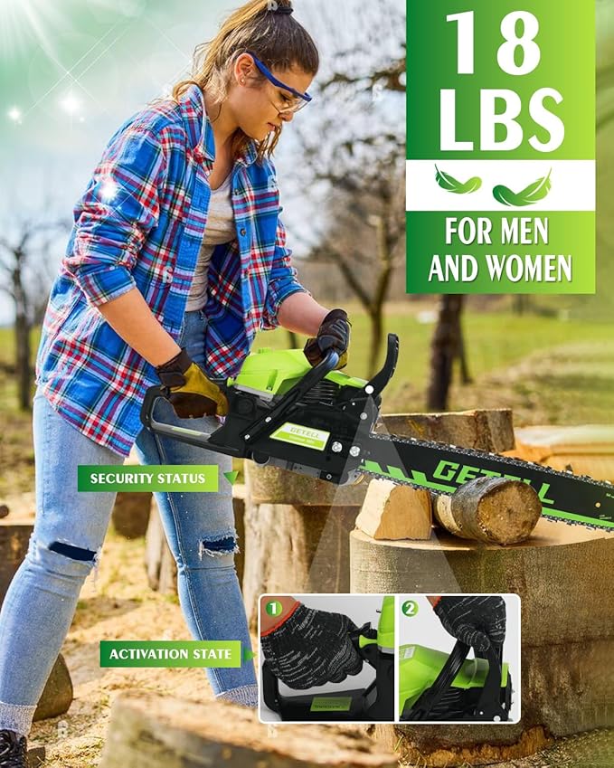 Gas Powered Chainsaw with 20 and 18 Inch Bar Dual System, 58cc 3.6 HP Professional 2-Stroke Engine, Easy Start and Anti-Vibration for Farm Ranch or Heavy Duty Wood Cutting (Green Black)