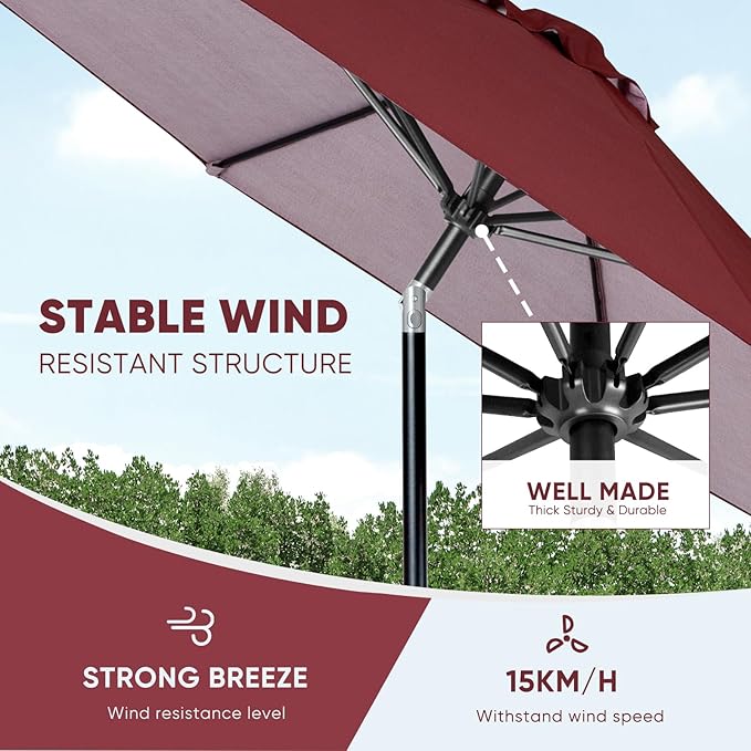 Tempera Patio Market Outdoor Table Umbrella with Push Button Tilt and Crank, Large Sun Umbrella with Sturdy Pole & Fade Resistant Canopy, Easy to Set