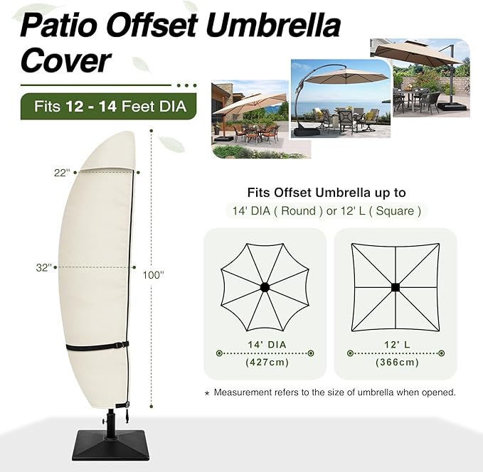 Porch Shield Patio Umbrella Cover - Outdoor Waterproof Garden Offset Banana Parasol Cover Fits Cantilever Offset Umbrella 12-14 Feet, Beige